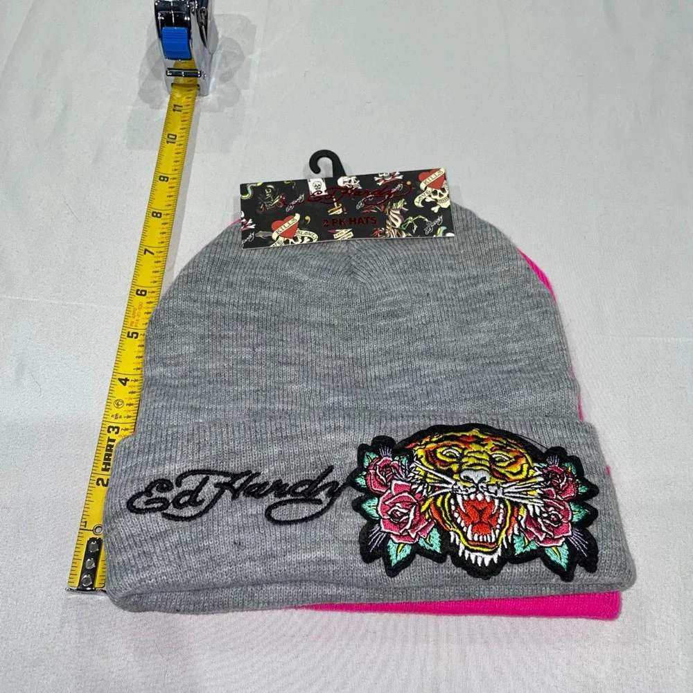 Ed Hardy 2 Pack Beanies Grey Tiger Pink Love Kills Slowly Rhinestone